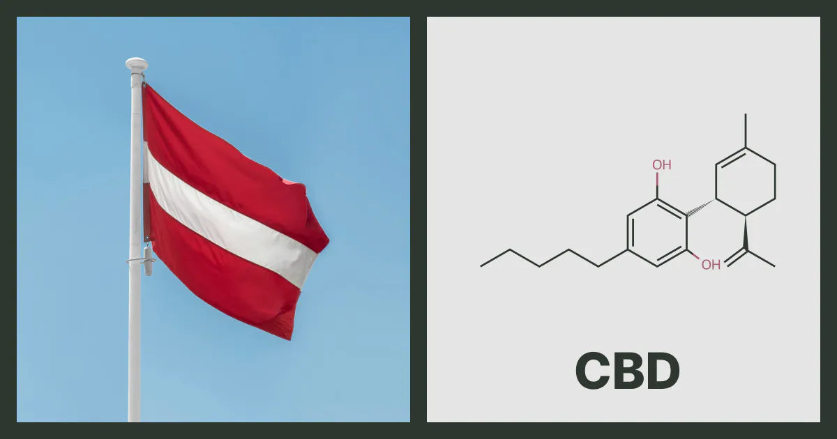A flag of Austria, next to the chemical structure of CBD