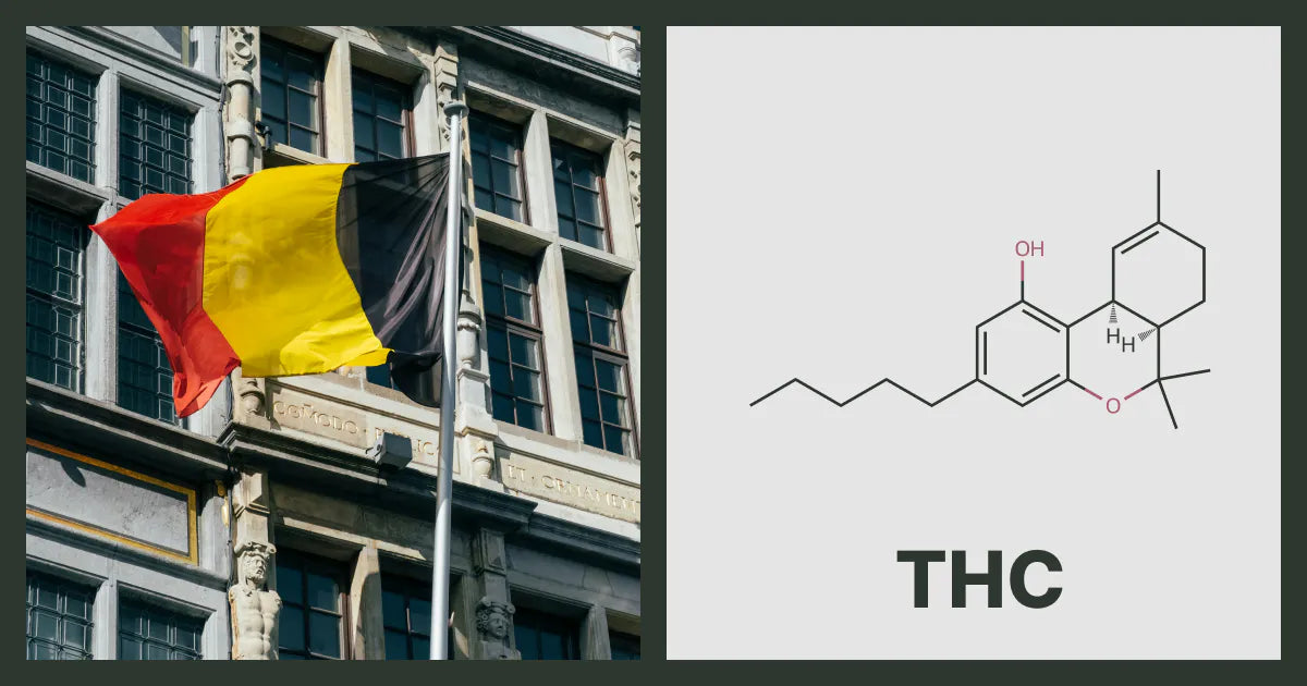 A flag of Belgium, next to the chemical structure of THC