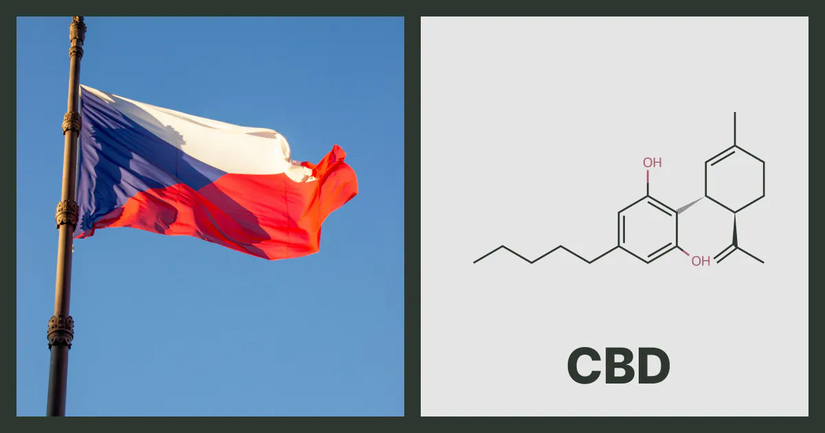 A flag of Czechia, next to the chemical structure of CBD