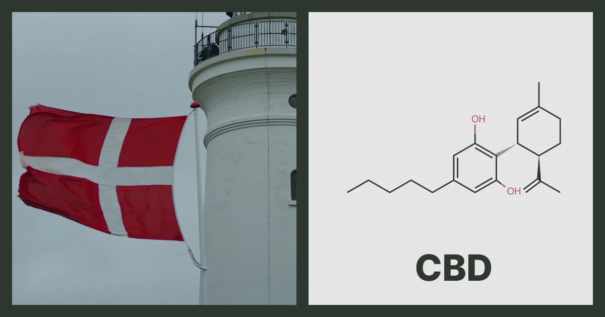 A flag of Denmark, next to the chemical structure of CBD