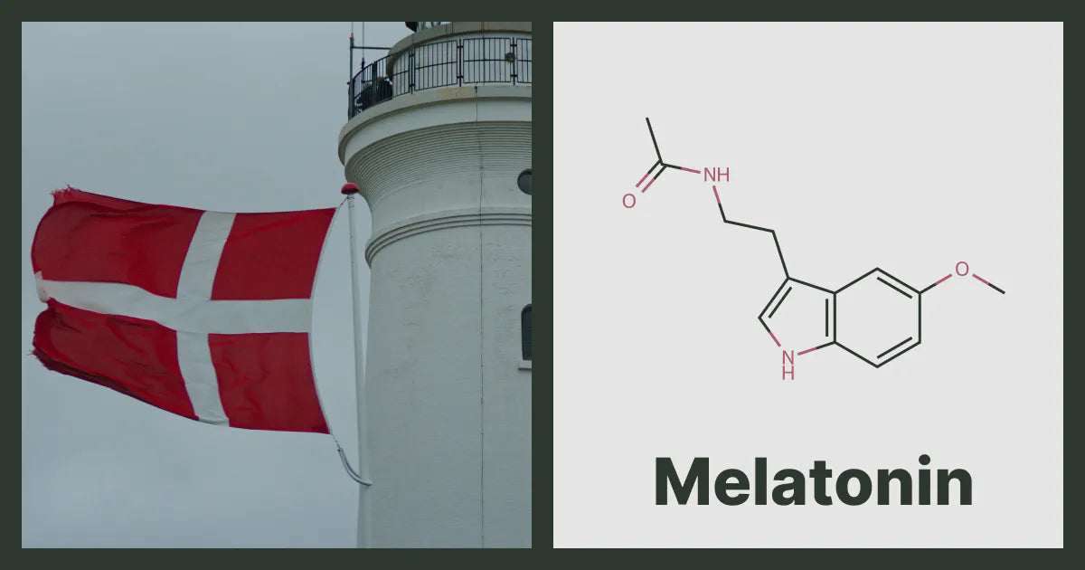 A flag of Denmark, next to the chemical structure of Melatonin