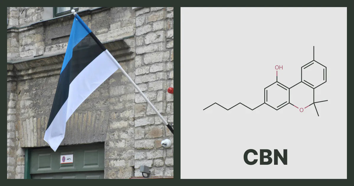 A flag of Estonia, next to the chemical structure of CBN