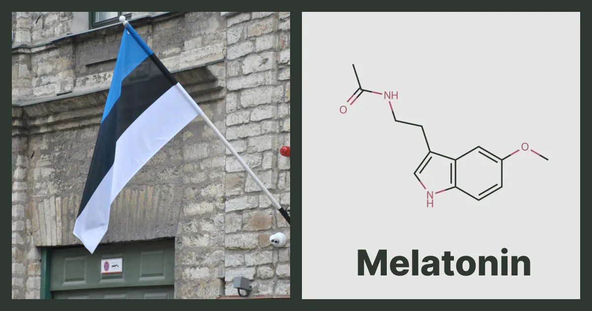 A flag of Estonia, next to the chemical structure of Melatonin