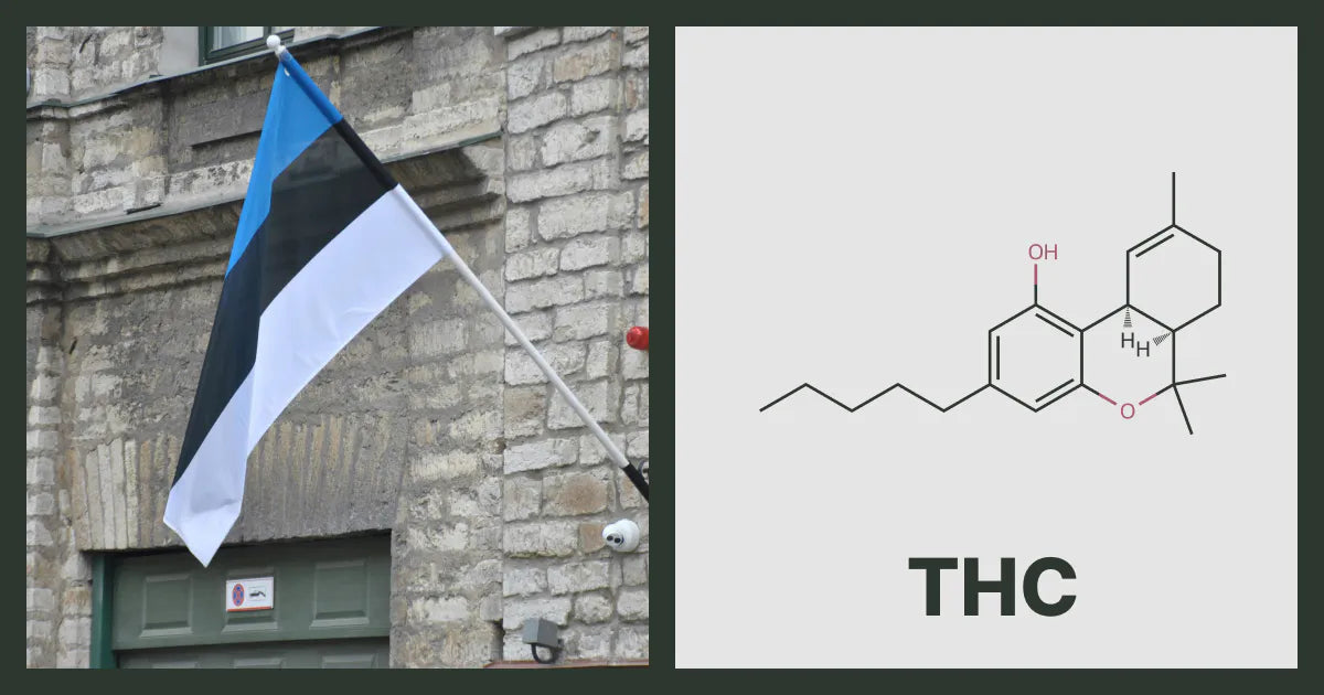 A flag of Estonia, next to the chemical structure of THC