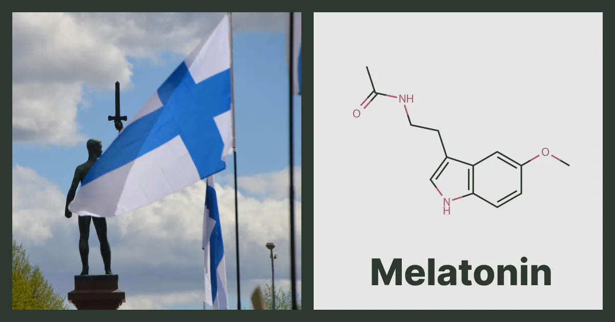 A flag of Finland, next to the chemical structure of Melatonin
