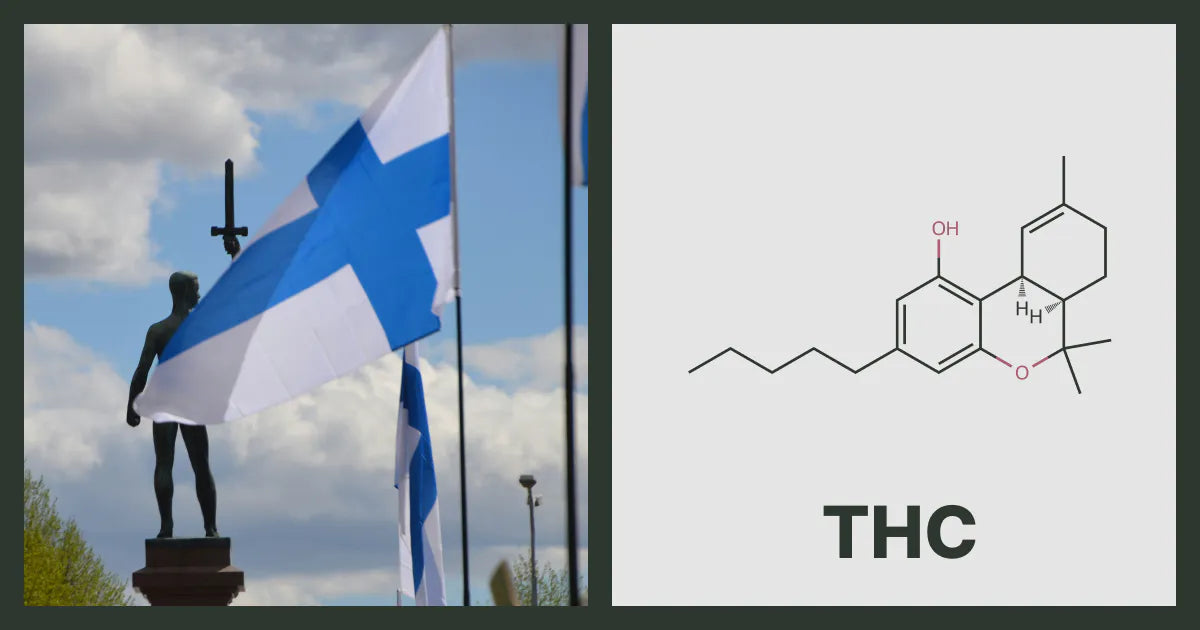 A flag of Finland, next to the chemical structure of THC