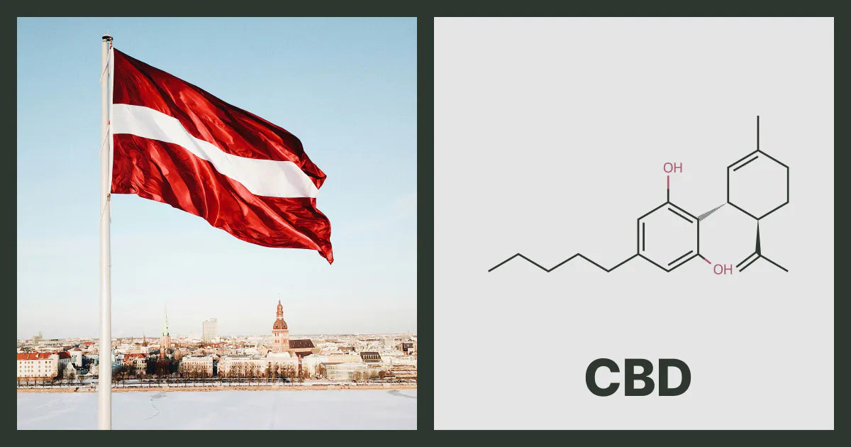 A flag of Latvia, next to the chemical structure of CBD