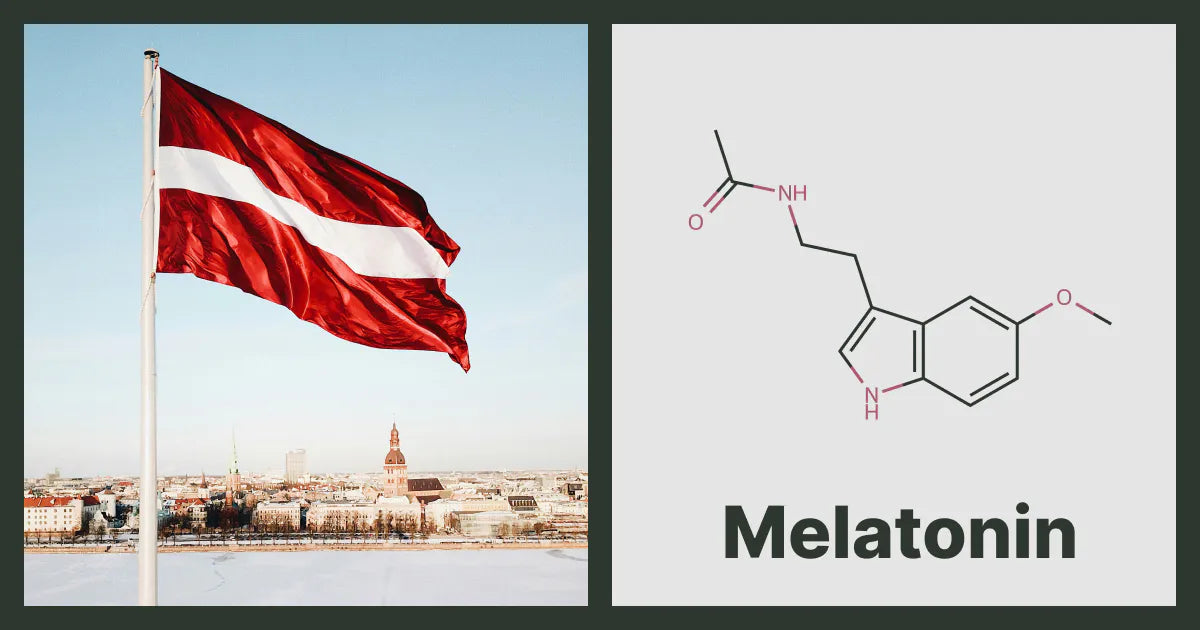 A flag of Latvia, next to the chemical structure of Melatonin