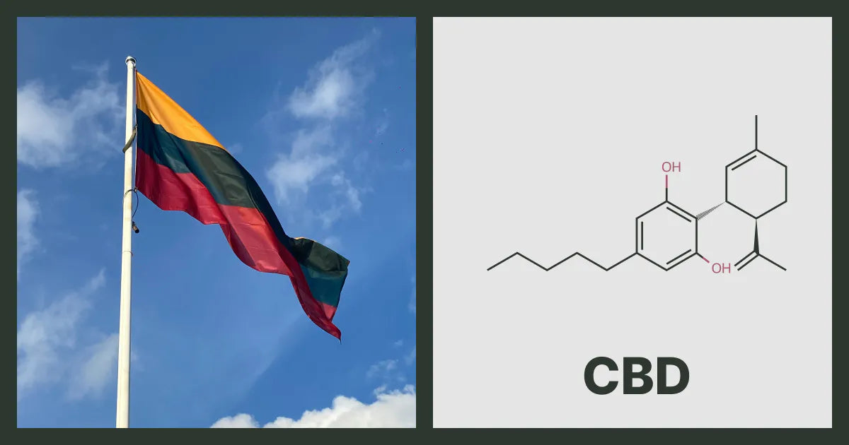 A flag of Lithuania, next to the chemical structure of CBD