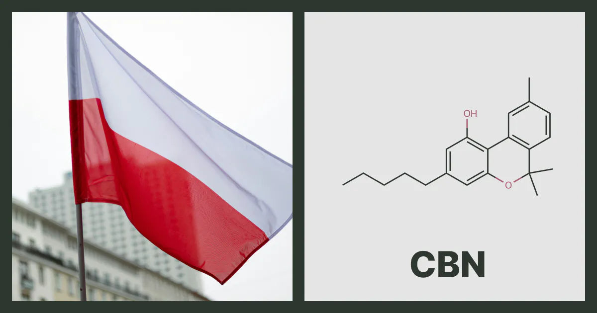 A flag of Poland, next to the chemical structure of CBN