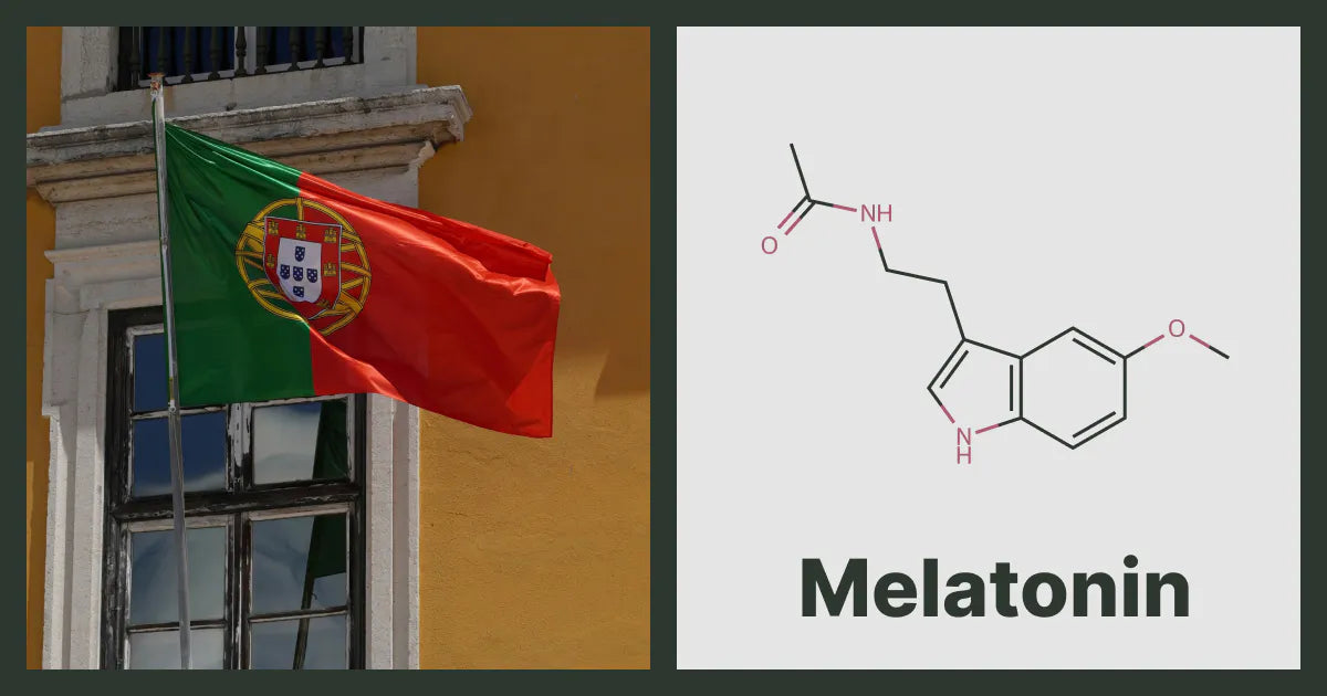 A flag of Portugal, next to the chemical structure of Melatonin