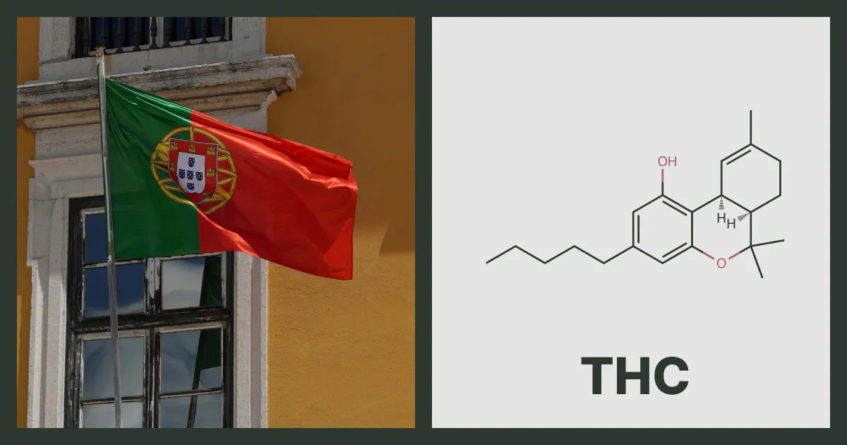 A flag of Portugal, next to the chemical structure of THC