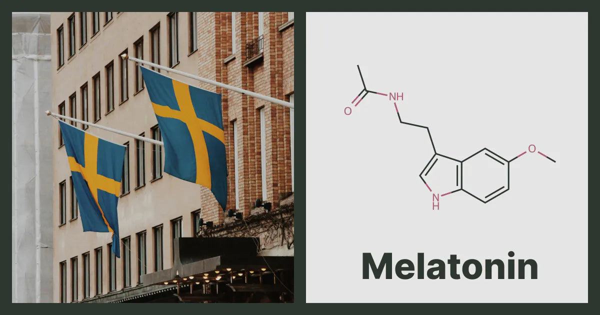 A flag of Sweden, next to the chemical structure of Melatonin