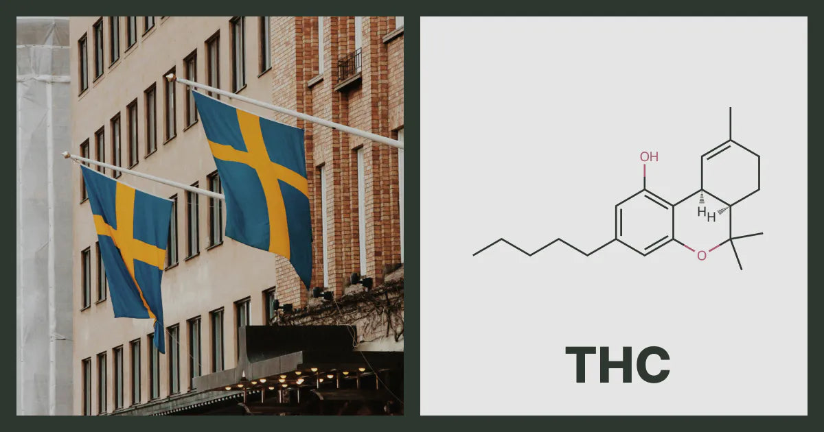 A flag of Sweden, next to the chemical structure of THC