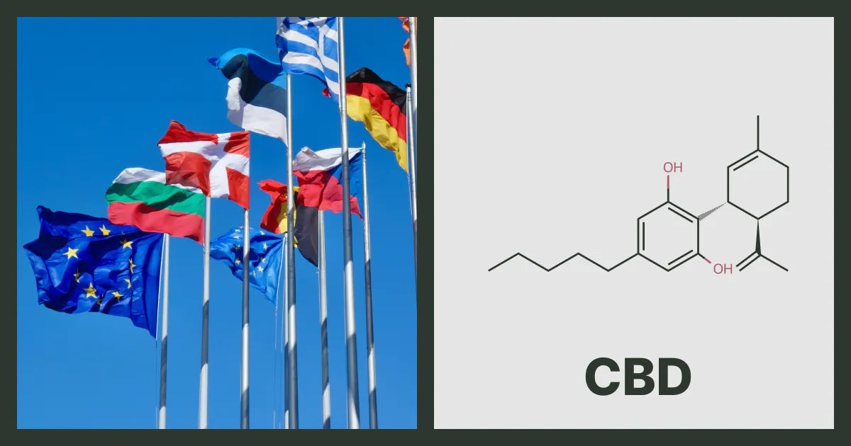 An EU flag with member state flags, next to the chemical structure of CBD