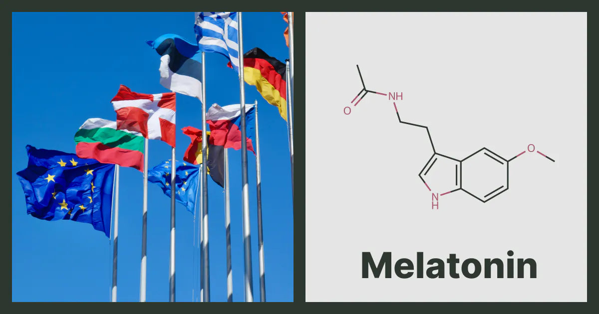 An EU flag with member state flags, next to the chemical structure of Melatonin