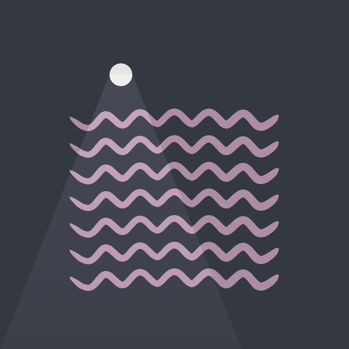 A simple illustration for 01 Sleep. An off-white moon is spotlighting lavender waves on dark blue background