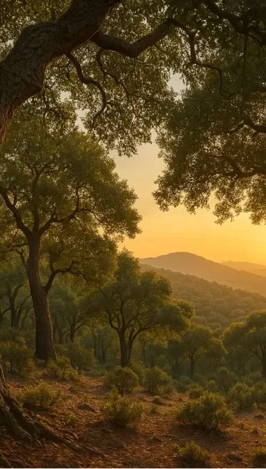 A scenic landscape of the forested, Les Gavarres mountains at sunset, featuring large trees in the foreground framing a golden sun over rolling hills and distant mountains.