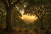 A scenic landscape of the forested, Les Gavarres mountains at sunset, featuring large trees in the foreground framing a golden sun over rolling hills and distant mountains.